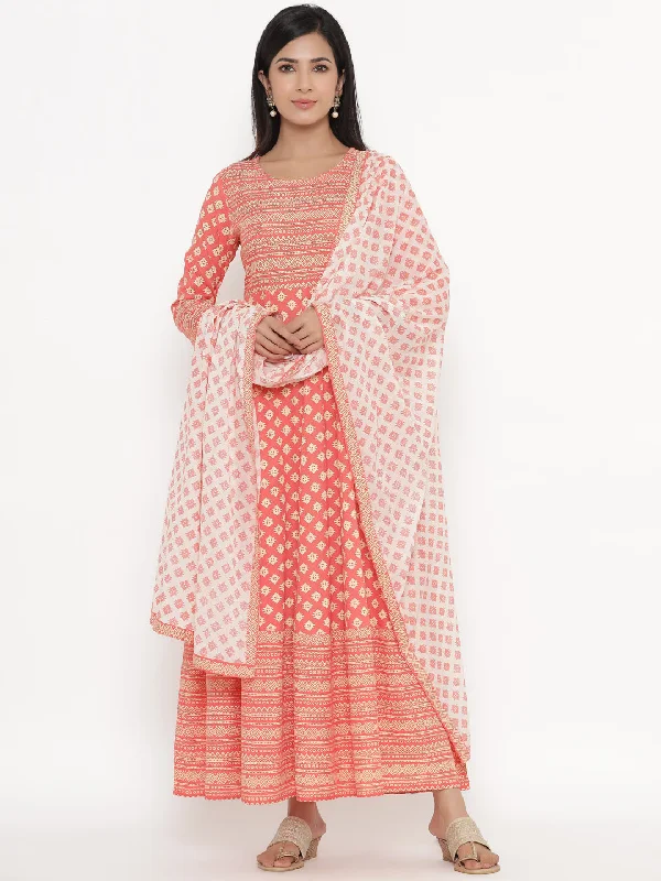 Women's Peach Anarkali & Dupatta set by Kipek- (2pcs set)