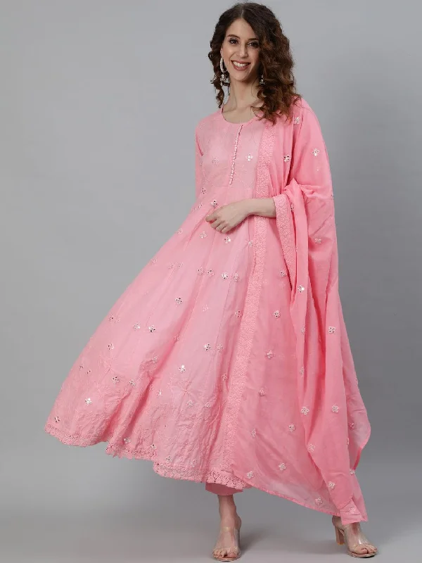 Women's Pink Mirror Embroidered Anarkali Kurta With Trouser & Dupatta - Ishin