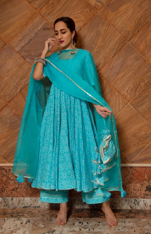 Women's Bandhej Blue Cotton Anarkali Set - Pomcha Jaipur