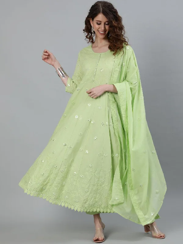 Women's Green Mirror Embroidered Anarkali Kurta With Trouser & Dupatta - Ishin