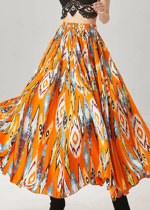 All-Weather Wear Plus Size Orange Elastic Waist Print Chiffon Skirt Spring