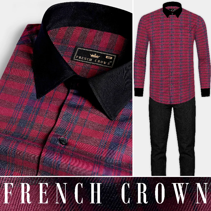 Warm Essentials CLARET RED TWILL CHECKERED WITH BLACK CUFFS AND COLLAR PREMIUM COTTON SHIRT