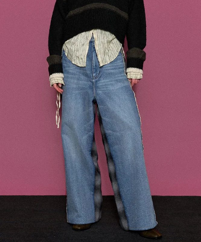 Classic Pieces Plaid Pattern Bicolor Denim Pants