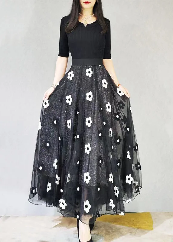 Soft Materials Plus Size Black Embroidered Elastic Waist Tulle Skirt Spring