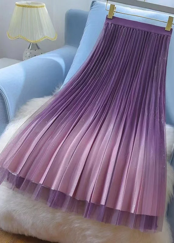 Casual Chic Fashion Purple Gradient Wrinkled High Waist Tulle Skirt Spring