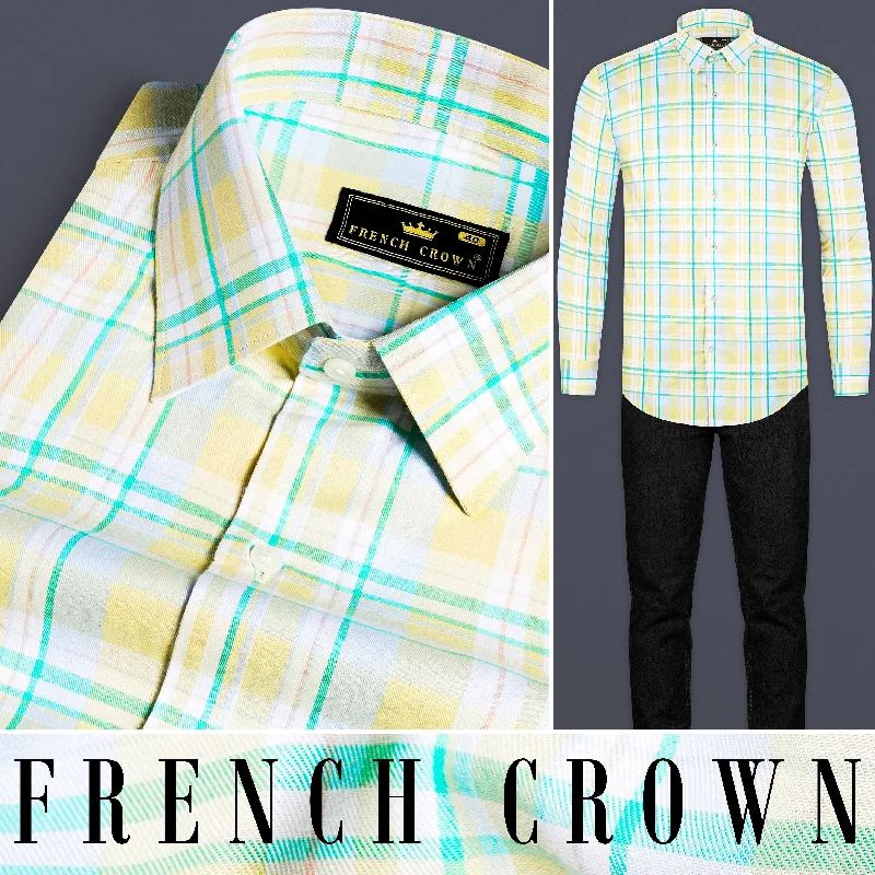 Casual Chic Arylide Brown with White and Teal Green Twill Plaid Premium Cotton Shirt Casual Chic Arylide Brown with White and Teal Green Twill Plaid Premium Cotton Shirt