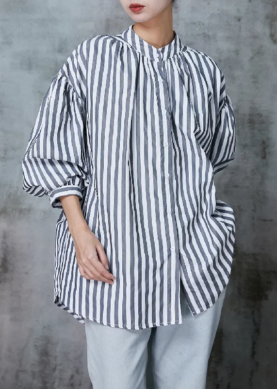 Easy Fit Plus Size Grey Oversized Striped Cotton Shirt Spring