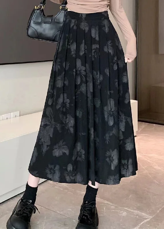 Casual Sneakers New Retro Black Print High Waist Cotton Pleated Skirt Spring