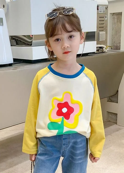Soft Materials Simple Yellow O Neck Print Patchwork Cotton Girls Blouses Spring