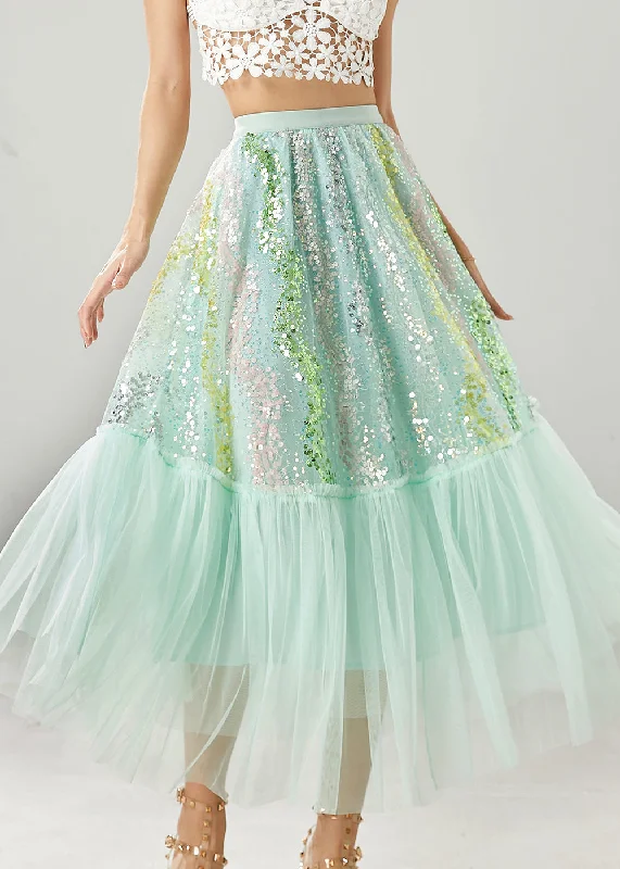 Functional Tops Green Patchwork Tulle A Line Skirts Sequins Spring
