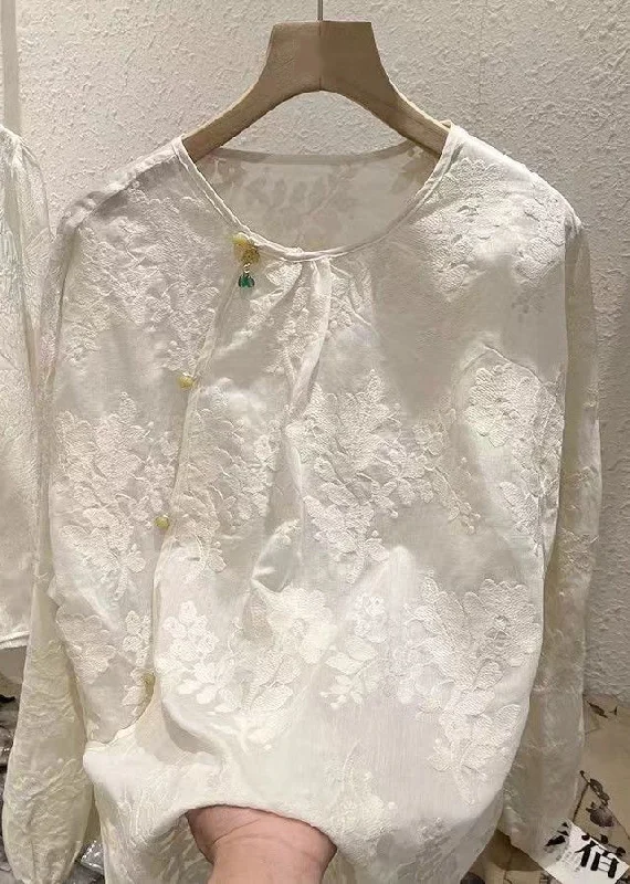 Chic Relaxation Vintage Beige O-Neck Button Jacquard Chiffon Blouse Tops Spring