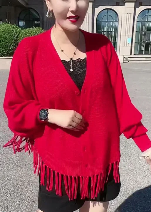 Effortless Style Red Button Knit Loose Cardigans V Neck Long Sleeve