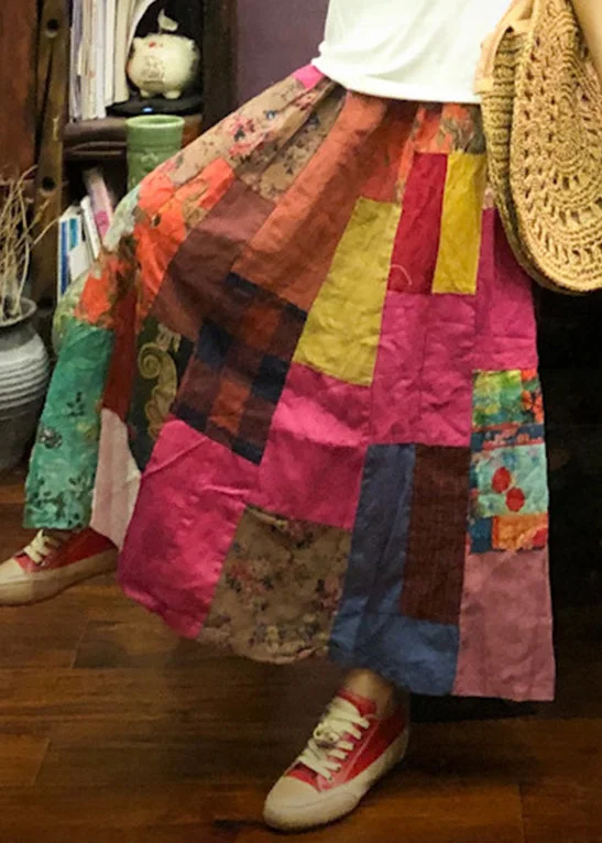 Exquisite Craftsmanship New Colorblock Print High Waist Patchwork Linen Skirt Summer