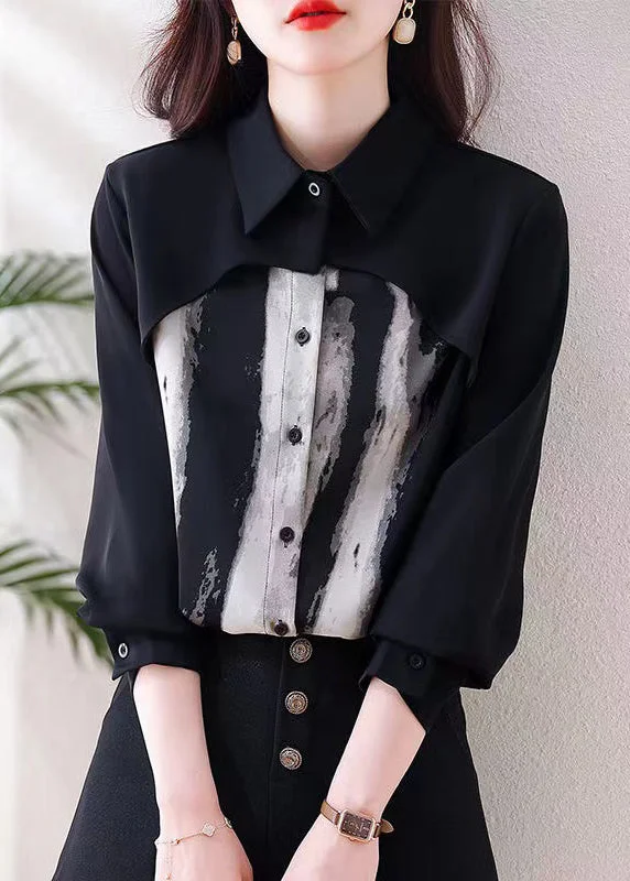 Smart Outfits Style Black Tie Dye False Two Pieces Chiffon Shirts Spring