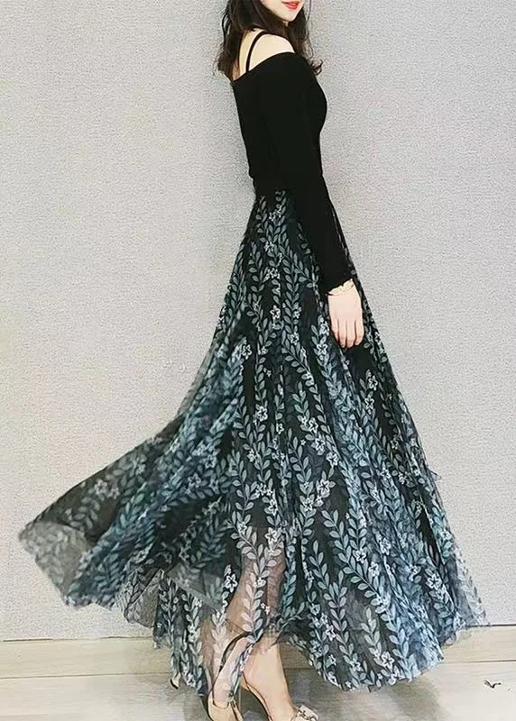 Casual Layers Fashion Green Print Elastic Waist Loose Tulle Skirt Spring