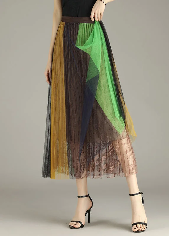 Soft Knitwear French Yellow Green Lace Patchwork Tulle Pleated Skirt Summer