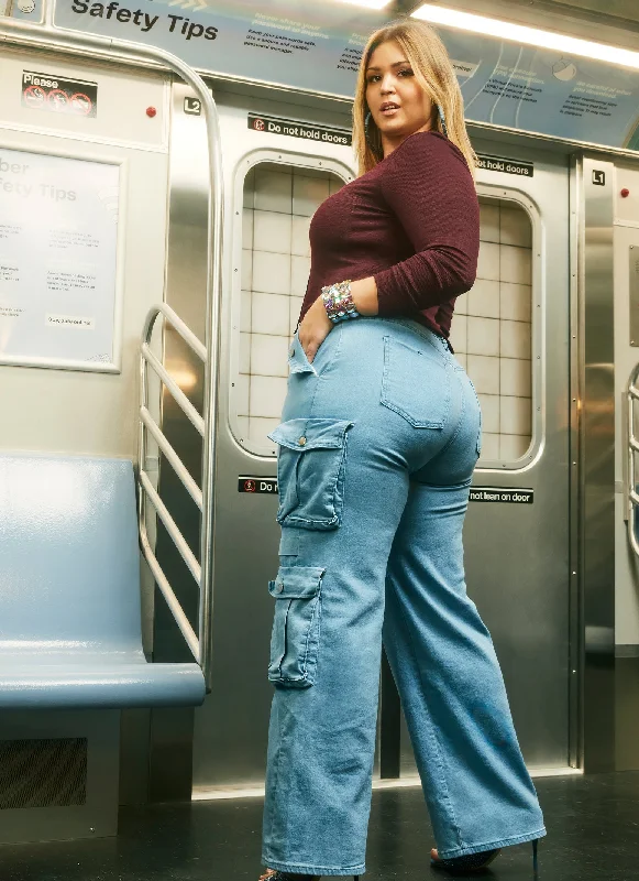 Trendy Styles Plus Size High Waist Wide Leg Cargo Jeans