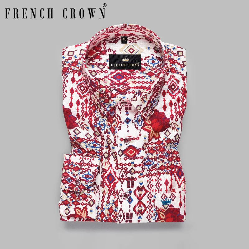 Effortless Style Red Flowers Ikat Print Premium Cotton Shirt