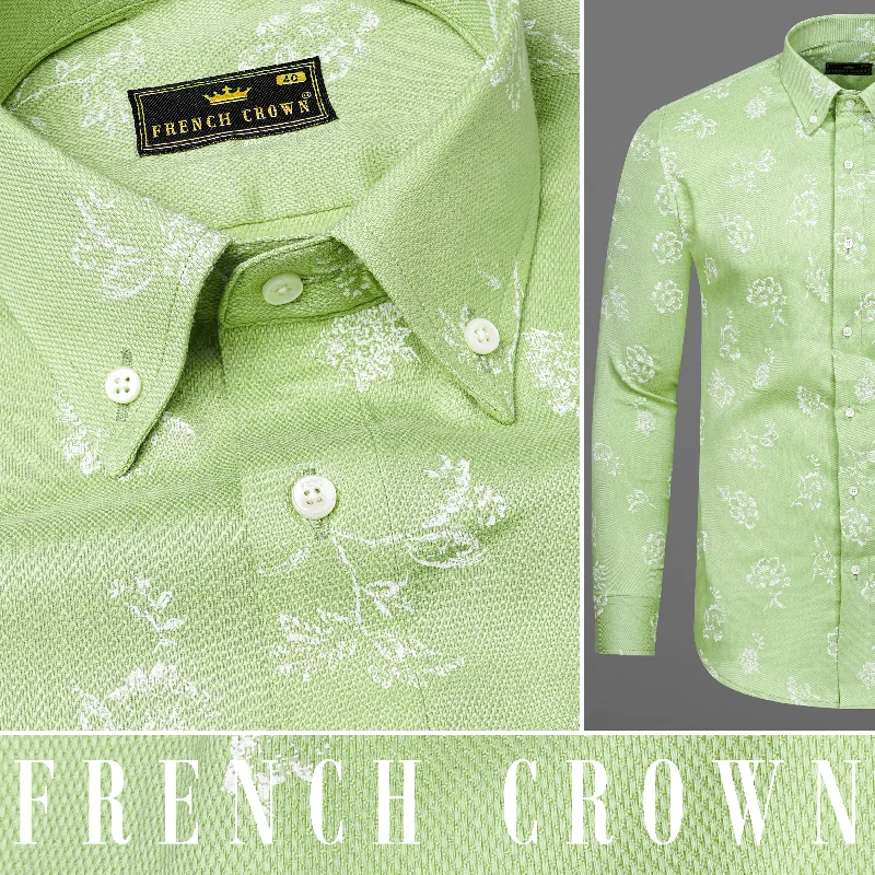 Cool Jackets Pale Olive Green With White Floral Dobby Textured Premium Giza Cotton Shirt Cool Jackets Pale Olive Green With White Floral Dobby Textured Premium Giza Cotton Shirt