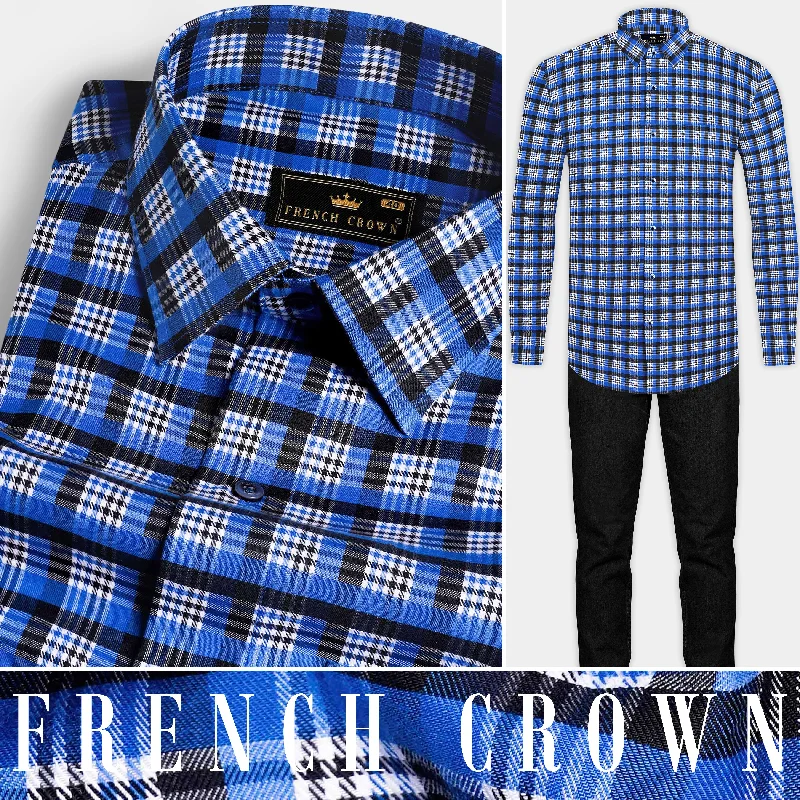 Casual Layers Azul Blue and Black Checkered Houndstooth Shirt