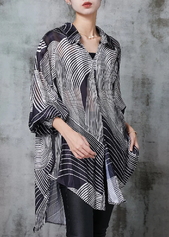Comfy Outerwear Stylish Black Print Low High Design Chiffon Long Shirts Spring
