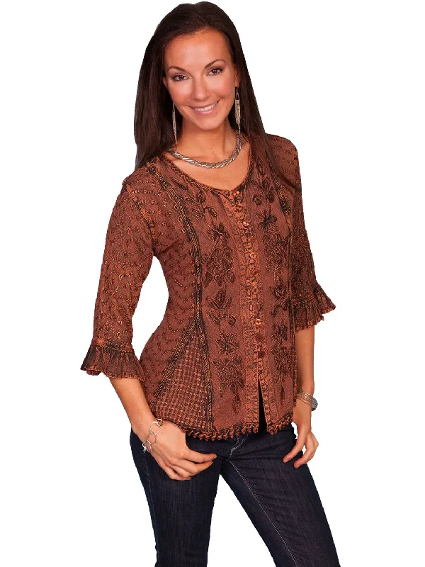 Cozy Basics Scully Honey Creek Womens Blouse Copper 100% Rayon Embroidered 3/4 Sleeve Cozy Basics Scully Honey Creek Womens Blouse Copper 100% Rayon Embroidered 3/4 Sleeve