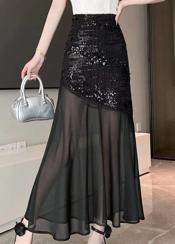 Effortless Gear Original Design Black Asymmetrical Patchwork Sequins Skirt Summer