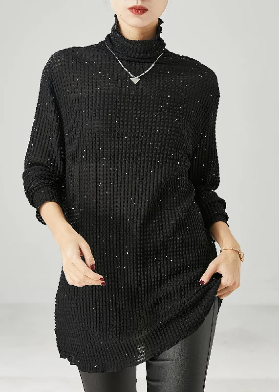 Flexible Wear Simple Black Turtle Neck Sequins Cotton Shirt Spring