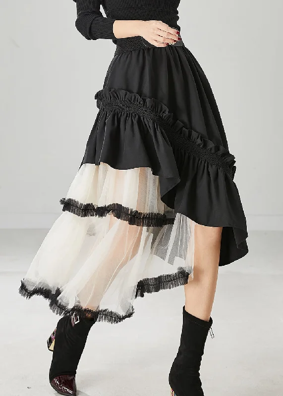Everyday Denim Women Black Ruffled Patchwork Tulle Cotton Skirt Spring