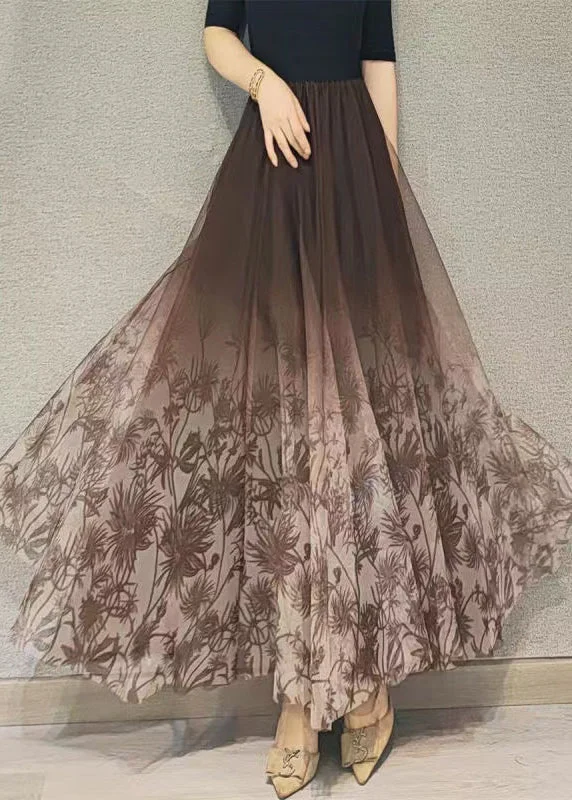 Comfortable Outfits Oriental Style Coffee Print High Waist Tulle Skirt Spring