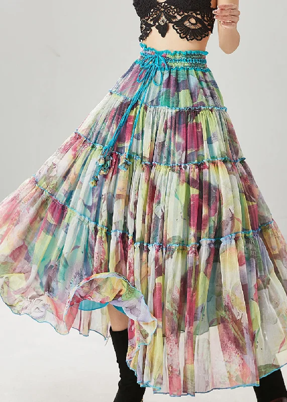 Cozy Looks Women Blue Ruffled Print Chiffon Holiday Skirt Spring