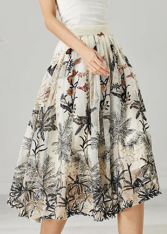 Urban Wear Classy White Embroidered Sequins Chiffon Skirt Spring