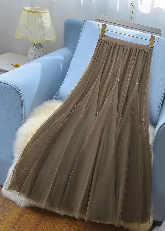 Cozy Fit French Coffee Wrinkled Elastic Waist Tulle Skirts Spring