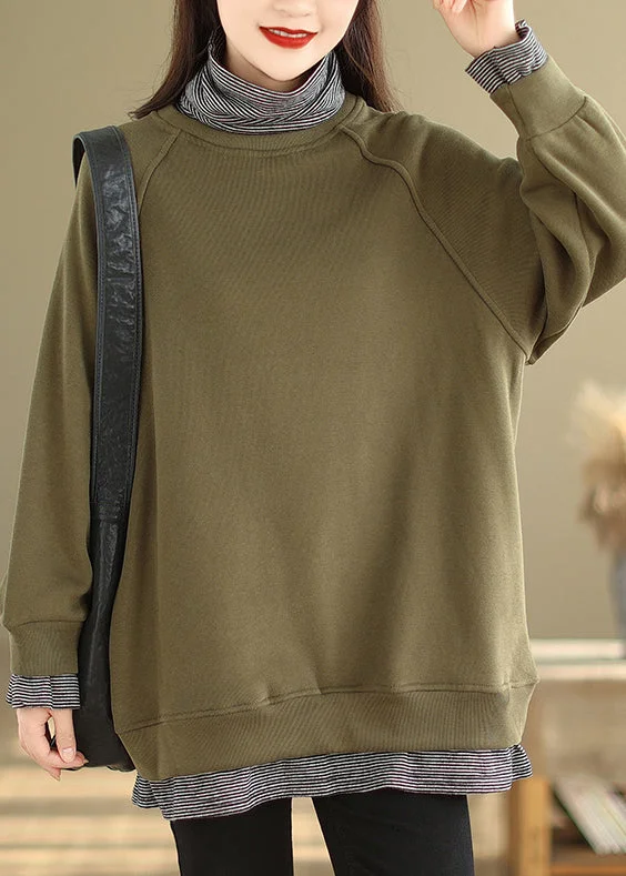 Active Essentials Plus Size Green Hign Neck Patchwork Warm Fleece Pullover Winter