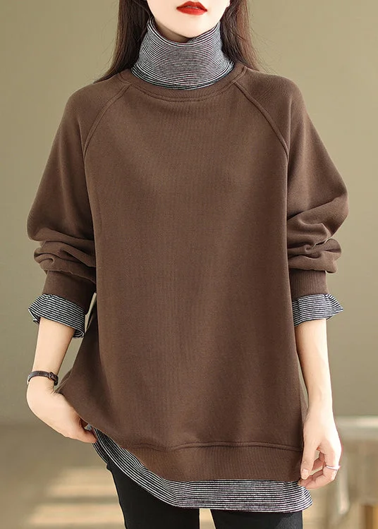 Relaxed Activewear Loose Coffee Hign Neck False Two Pieces Warm Fleece Top Winter