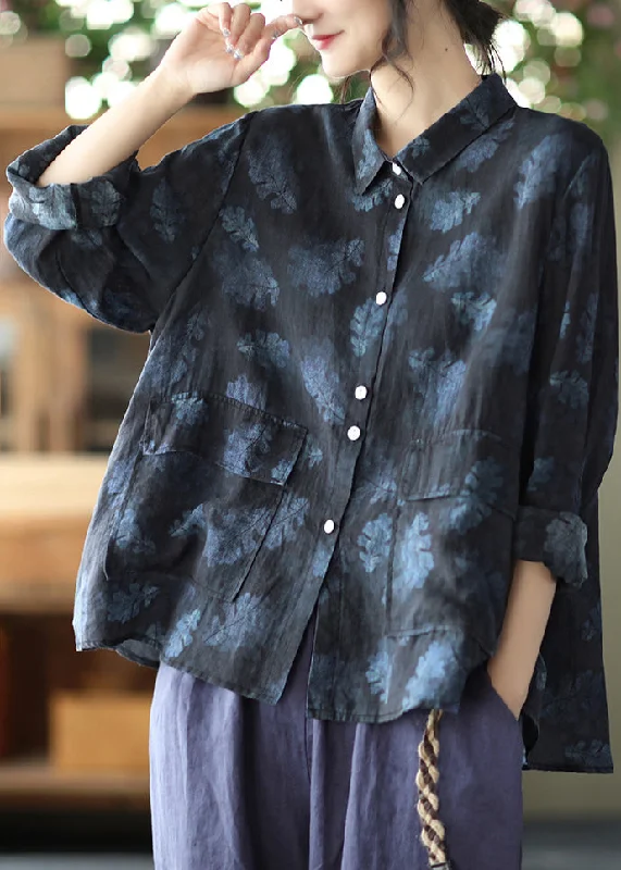 Soft Textures Black Pockets Linen Shirt Peter Pan Collar Spring