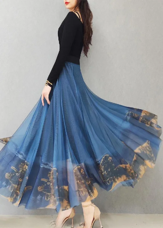 Effortless Style Italian Blue Print Exra Large Hem Loose Tulle Skirt Spring