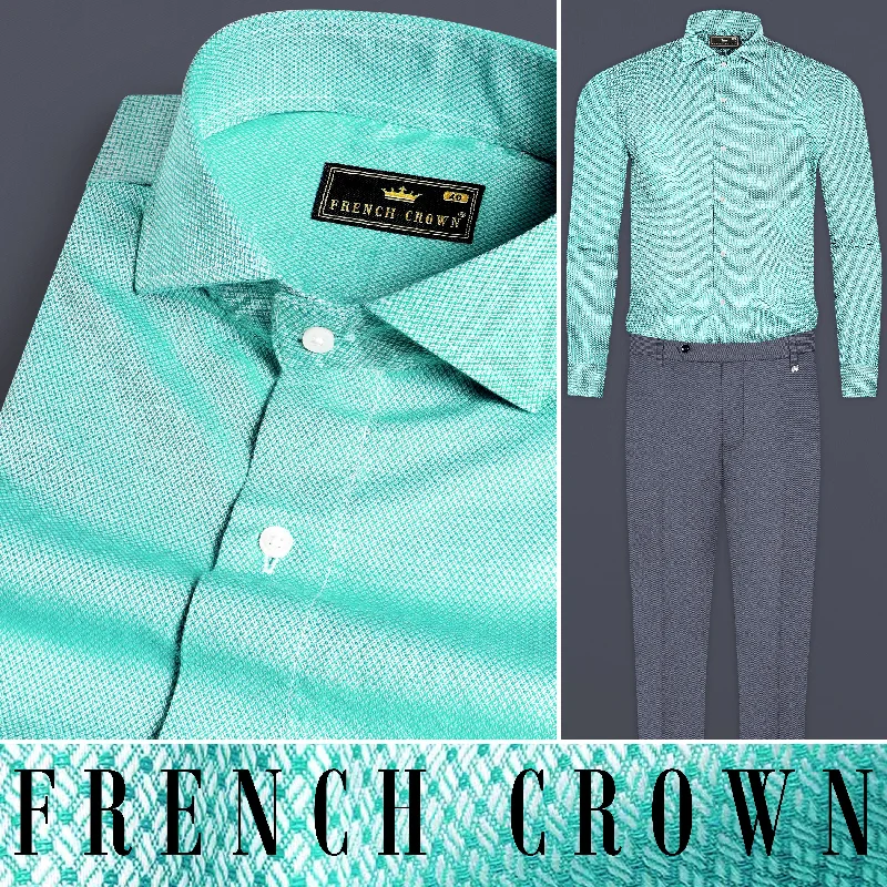 Flexible Wear Aqua Blue Dobby Textured Premium Giza Cotton Shirt