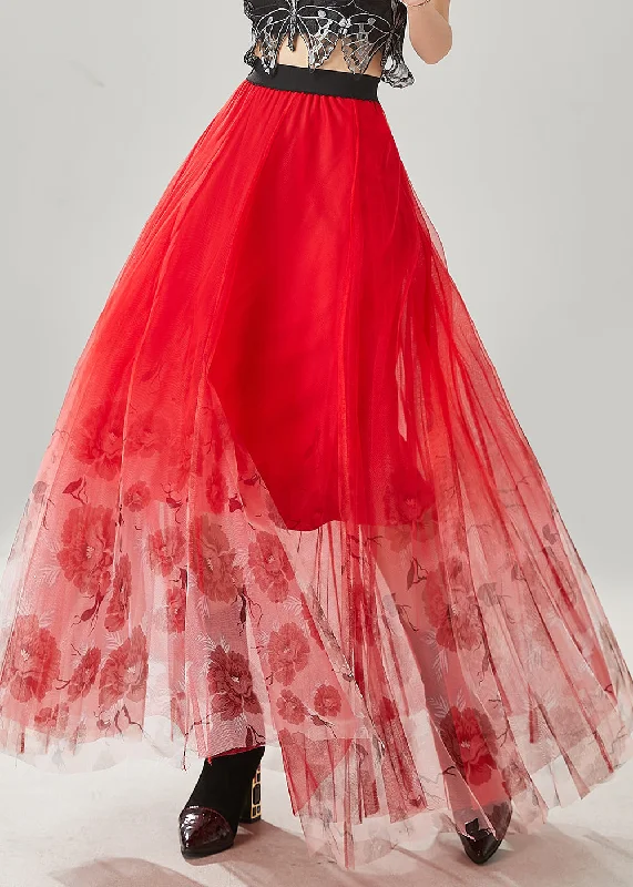 Classic Pieces Women Red Floral Tulle Vacation Skirts Spring