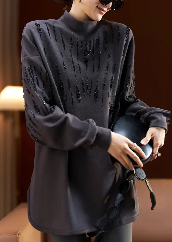 Lounge Wear Women Dark Gray Turtleneck Nail Bead Cotton Sweatshirt Long Sleeve