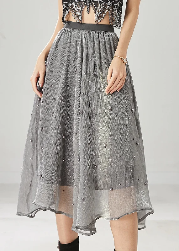 Simple Apparel Classy Grey Nail Bead Tulle A Line Skirt Spring
