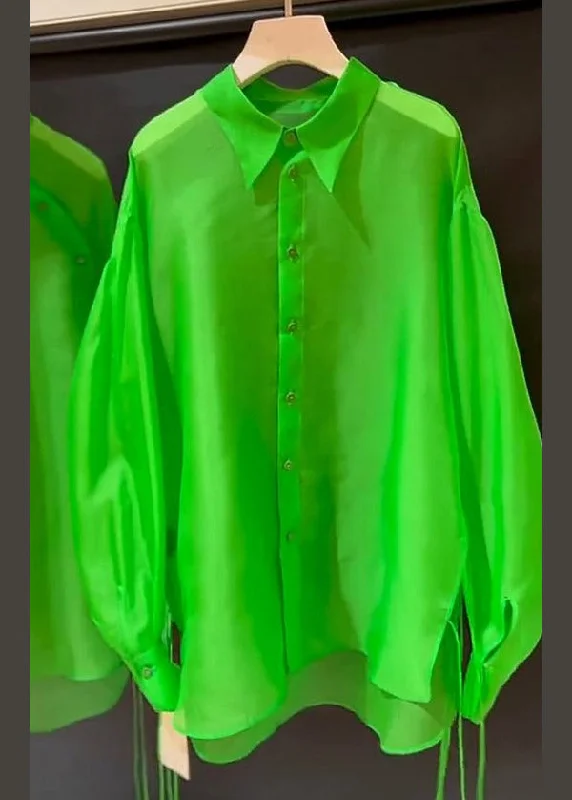 Urban Wear New Green Peter Pan Collar Button Patchwork Silk Shirt Fall