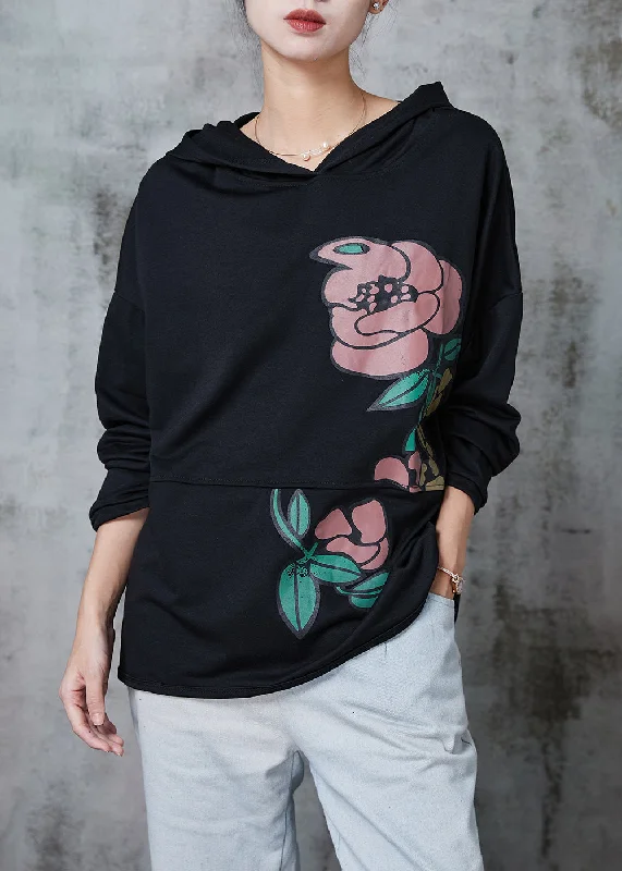 Comfortable Knitwear Black Patchwork Floral Cotton Sweatshirt Oversized Spring