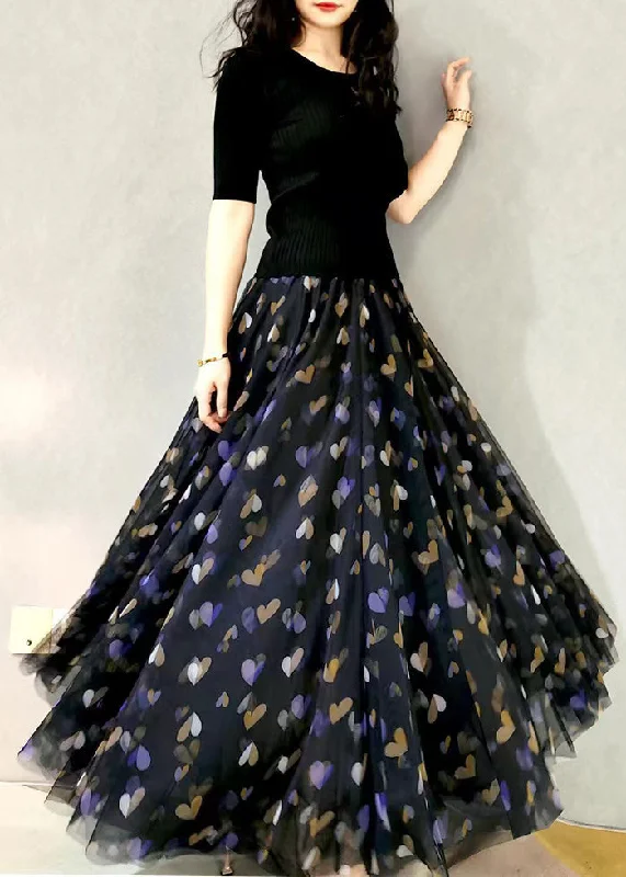 Versatile Knitwear French Black Print Elastic Waist Exra Large Hem Tulle Skirt Spring