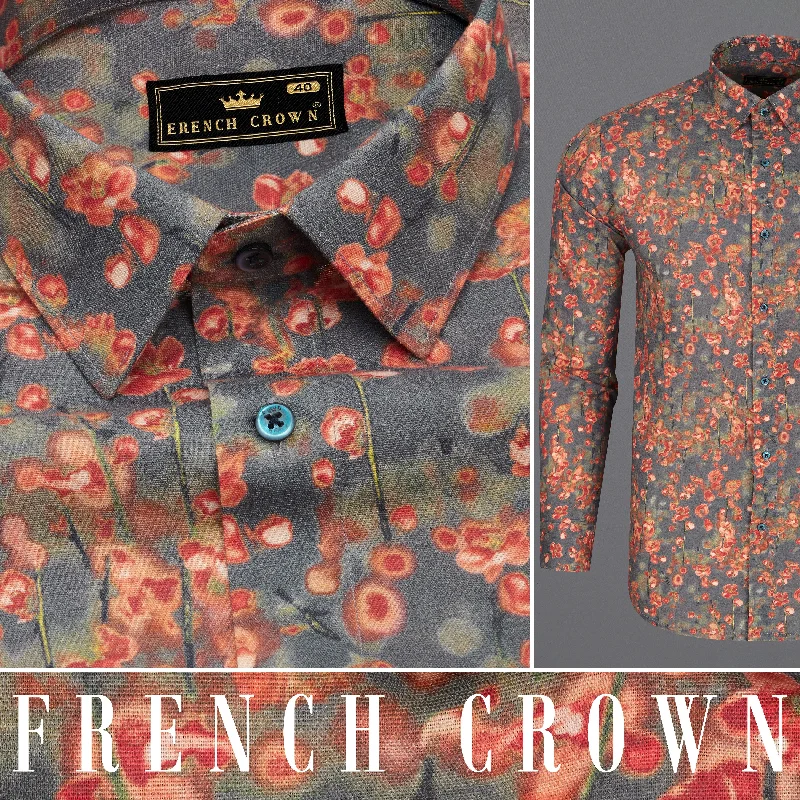 Functional Layers Carbon Gray Ditsy Printed Luxurious Linen Shirt