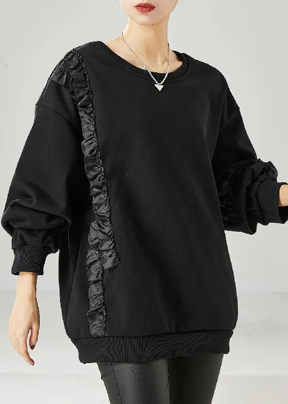 Smart Tops Beautiful Black Ruffled Patchwork Warm Fleece Sweatshirts Top Spring