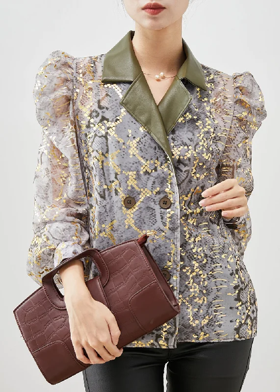 Trends Art Grey Print Patchwork Double Breast Chiffon Shirt Top Puff Sleeve