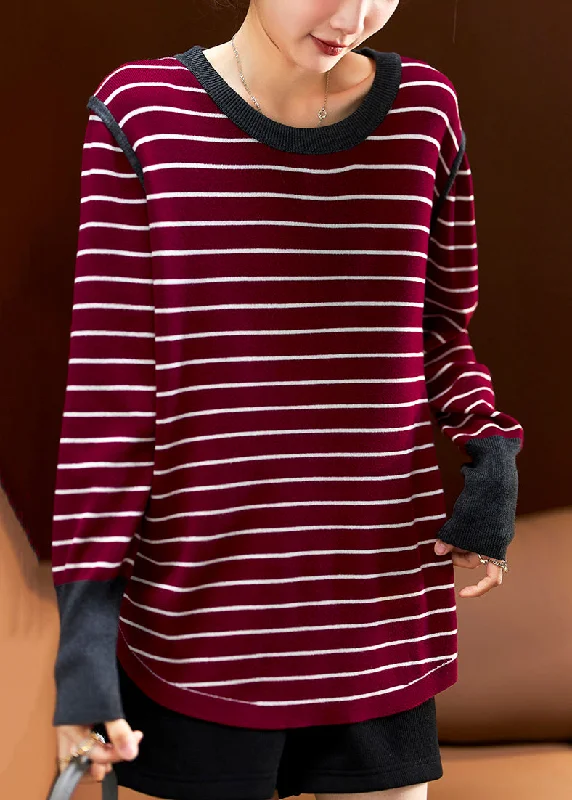 Casual Wear Plus Size Wine Red Striped Patchwork Cotton Knit Tops Spring