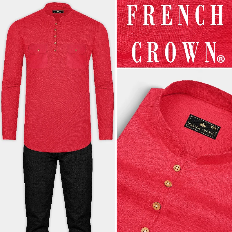 Relaxed Activewear Jasper Red Heavyweight Luxurious Linen Kurta Shirt