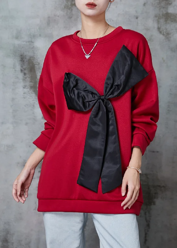 Stylish Tops Handmade Red Bow Oversized Cotton Sweatshirts Top Spring